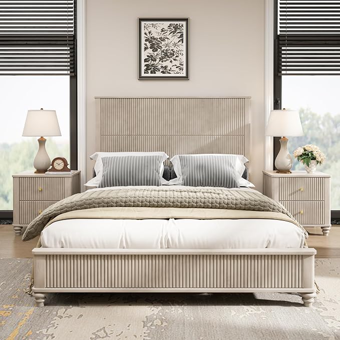 3-Pieces Bedroom Sets, Queen Size Platform Bed with 2 Nightstands, Solid Wood Platform Bed Frame with Tall Headboard and Classic American Turned Legs (Beige-5.25, Queen)