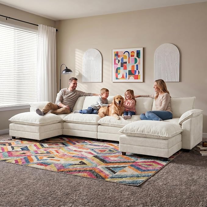 Homall 159" Modular Sectional Sofa, U Shaped Sofa Couch with Reversible Ottoman, DIY Combination Chenille Deep 4-Seat Cloud Couch for Living Room, Apartment (White, U Shaped Sofa)