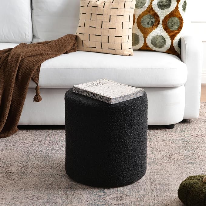 KINWELL 34" Boucle Swivel Barrel Chair with 18" Round Ottoman Set, Fully Assembled Set of Sherpa Accent Chair and Footrest, Modern Comfy Armchair and Footstool for Living Room and Bedroom, Black
