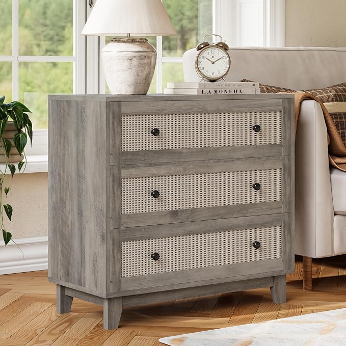 Rattan 3 Drawer Dresser for Bedroom, Small Boho Dresser with Wood Handles, Wood Nightstand, 29.52" Wide Modern Dresser, Chests of Drawers for Living Room, Entryway, Hallway, Wood Gray