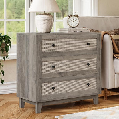 Rattan 3 Drawer Dresser for Bedroom, Small Boho Dresser with Wood Handles, Wood Nightstand, 29.52" Wide Modern Dresser, Chests of Drawers for Living Room, Entryway, Hallway, Wood Gray