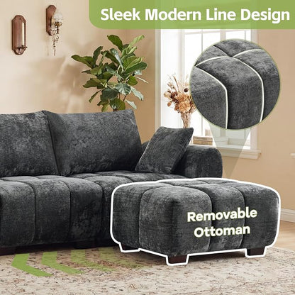 112" L Shaped Modular Sectional Sofa, Grey Chenille Cloud Couch, Modern Upholstered 4 Seater Couch with Removable Ottoman, Tufted Deep Seat & Wood Legs, Sectional Couches for Living Room Apartment