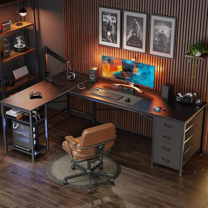 Huuger 63 Inch L Shaped Desk with Fabric Drawers, Reversible Computer Gaming Desk with Power Outlets and USB-C Port, Adjustable Side Storage Shelves, for Work Study Corner Home Office, Black