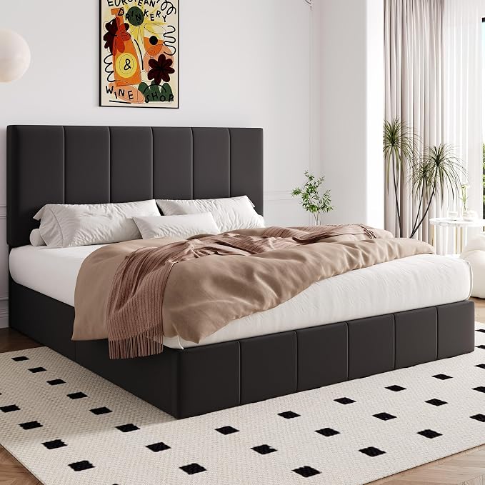 Allewie King Size Velvet Lift Up Storage Bed Frame, Vertical Channel Tufted Headboard, Hydrualic Underneath Storage, Upholstered Platform Bed, Wooden Slats Support, No Box Spring Needed, Black