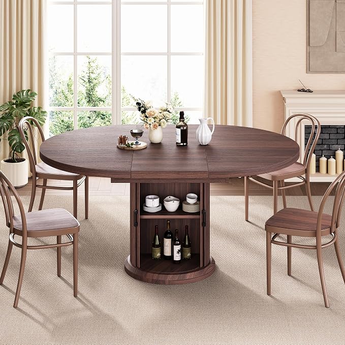 Jocoevol Extendable Round Kitchen Dining Room Table for 4-6 with 2-Tier Storage Shelf, 63'' Space Saving Expandable Wood Oval Circle Dinner Furniture with Pedestal Base (Brown)