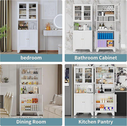 69" Tall Metal Pantry Cabinet with Microwave Stand,Microwave Storage Cabinet with 4 Doors & 3 Adjustable Shelves for Kitchen (4 Glass Doors-White, 13.78" D x 27.54" W x 68.9" H)
