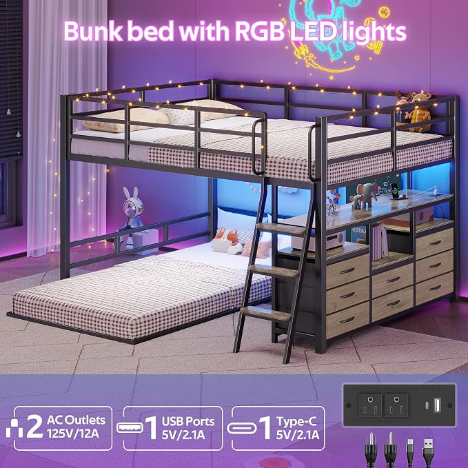 busyaeh Bunk Bed Full Over Twin,Low Bunk Bed with 8 Drawers & 4 Shelves | Bunk bed with Desk,15" H Safety Guardrail,& LED Lights and Charging Station,L-Shaped Bunk Beds with Stairs, Oak Gray