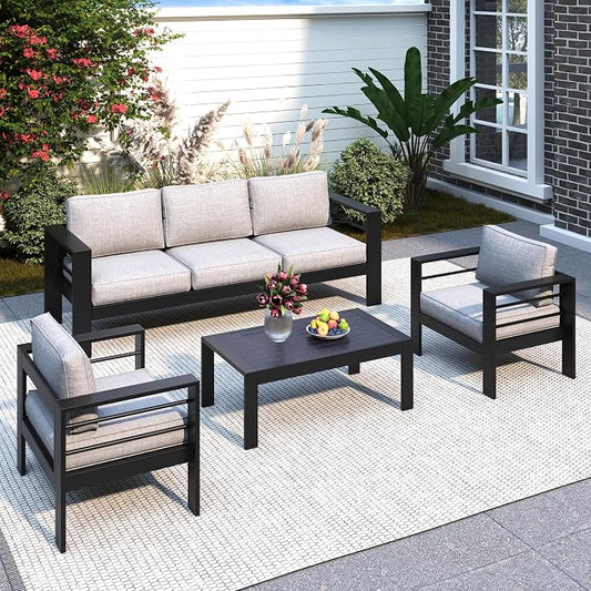 Solaste Aluminum Patio Furniture Set for All Weather, Oversized Outdoor Furniture Set with 27.5" Deep Seating and 3.2" Wide Armrest, Outdoor Patio Conversation Sets with 5" Cushion,Black and Grey