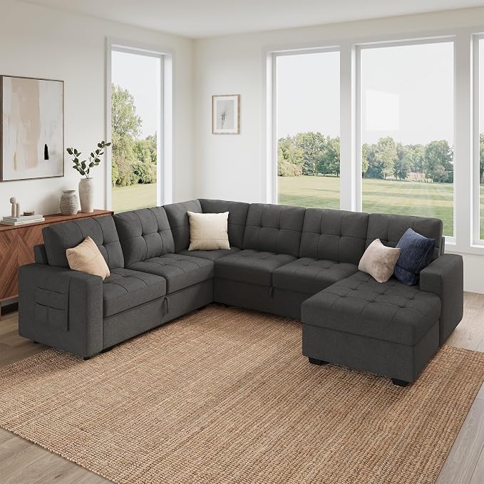 HONBAY Modular Sectional Sleeper Sofa with Pull Out Bed, U Shaped Sleeper Couches with Storage Chaise, 114'' Sleeper Sectional Sofas for Living Room, Apartment (Dark Grey)