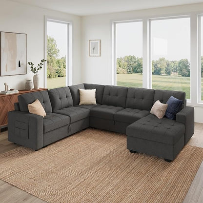 HONBAY Modular Sectional Sleeper Sofa with Pull Out Bed, U Shaped Sleeper Couches with Storage Chaise, 114'' Sleeper Sectional Sofas for Living Room, Apartment (Dark Grey)