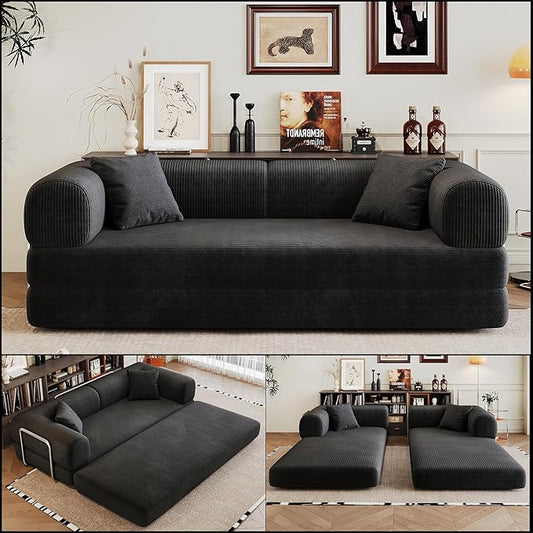 JINGLING 79" Queen Sleeper Sofa Bed with Memory Foam, Compressed Couch in a Box, Foldable Convertible Small Couches for Small Spaces Bedroom Game Room, Corduroy Fabric, Black