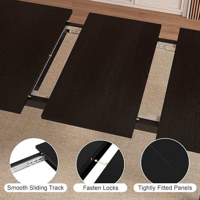 Einhomn Modern Extendable Dining Table for 4-6, 63" Farmhouse Kitchen Table, Rectangular Dining Room Tables for Dining, Kitchen, Office, Living Room, Wooden Tables, Space Saving (Black)