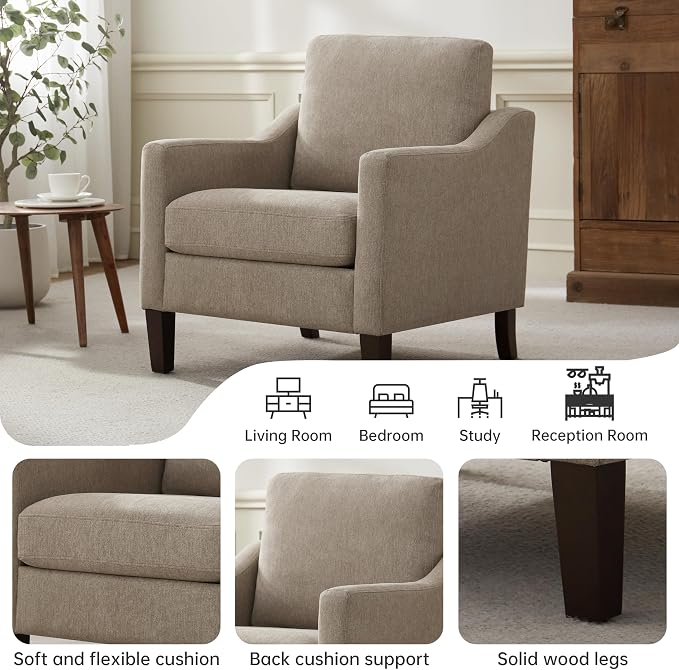 VKNOW Mid Century Modern Accent Chair, Upholstered Living Room Chairs Armchair for Bedroom, Comfy Reading Accent Chairs with Wood Legs for Living Room (1, Brown)