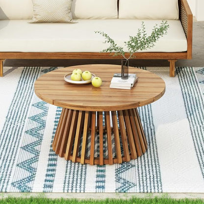 Merax Outdoor Acacia Wood Conversation Set - Patio 3-Seat Loveseat Sofa w/Coushion and Round Coffee Table for Backyard, Lawn, Balcony, Beige +Teak