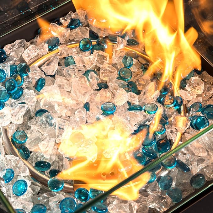 24" Square Propane Gas Fire Pit Table, 50,000 BTU Outdoor Patio Heater with Tile Top, Wicker Base, Blue Glass Beads & Wind-Resistant Glass Guard, Espresso