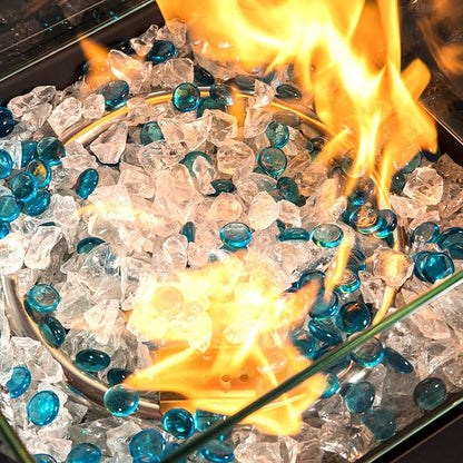 24" Square Propane Gas Fire Pit Table, 50,000 BTU Outdoor Patio Heater with Tile Top, Wicker Base, Blue Glass Beads & Wind-Resistant Glass Guard, Espresso