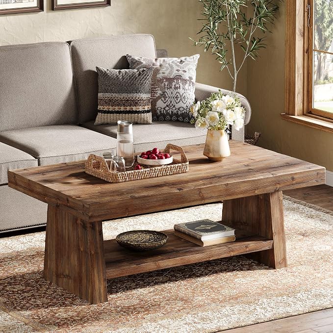 47" Solid Wood Coffee Table, 2-Tier Rectangular Farmhouse Center Table with Storage Shelf, Distressed Charred Wood Coffee Tables for Living Room, Rustic Vintage Carbonized