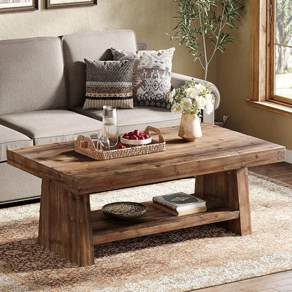 47" Solid Wood Coffee Table, 2-Tier Rectangular Farmhouse Center Table with Storage Shelf, Distressed Charred Wood Coffee Tables for Living Room, Rustic Vintage Carbonized