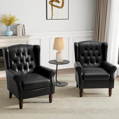 Mid-Century Modern Wingback Accent Chair - Luxe PU Faux Leather Upholstery with Solid Wood Legs, Ergonomic High Back Design - Water Resistant Living Room, Bedroom & Home Office Chair (Black)