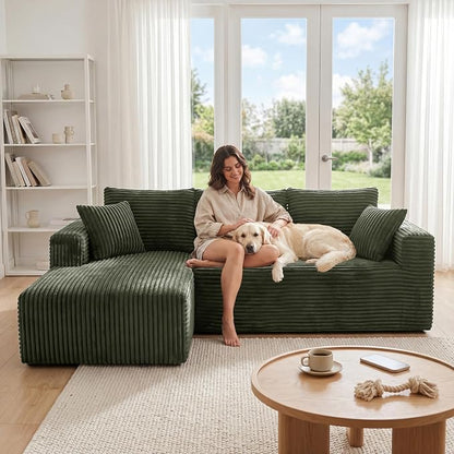 92.5" Boneless Couches for Living Room, L-Shaped Cloud Couch with Deep Seat & Chaise, Corduroy Modular Sectional Sofas for Living Room, No Need Assembly - Green(Left Facing Chaise)