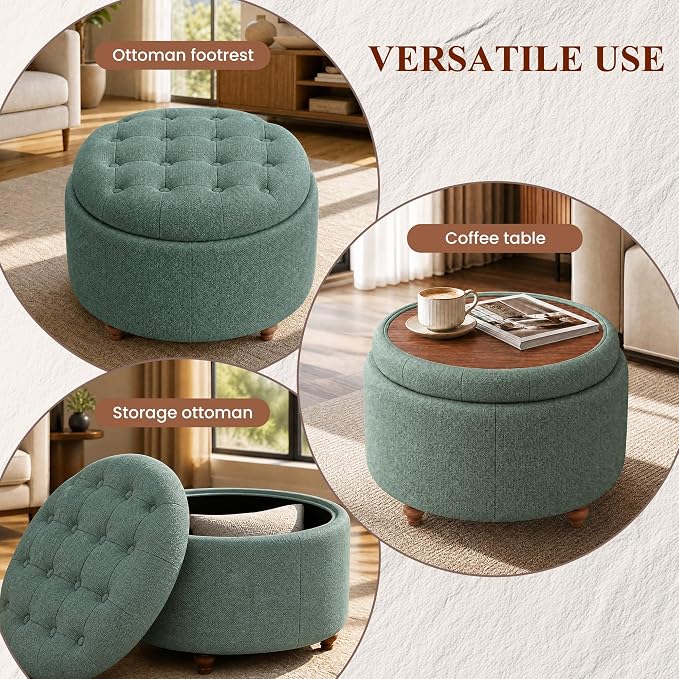25Inch Round Ottoman with Storage, Tufted Fabric Modern Circle Ottoman with Reversible Tray Lid and Wood Legs, Multi-Functional Small Coffee Table for Living Room, Bedroom, Green
