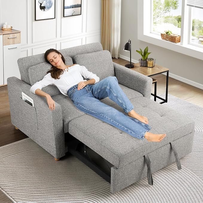 SEJOV Convertible Sofa Bed, 3-in-1 Sleeper Sofa Pull Out Couch Bed, 2-Seater Linen Fabric Loveseat Futon Sofa with Spring Support, Adjustable Backrest for Small Spaces, Living Room, Grey