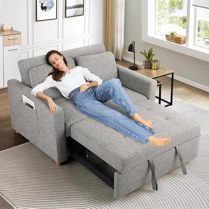 SEJOV Convertible Sofa Bed, 3-in-1 Sleeper Sofa Pull Out Couch Bed, 2-Seater Linen Fabric Loveseat Futon Sofa with Spring Support, Adjustable Backrest for Small Spaces, Living Room, Grey