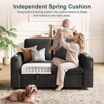 Sleeper Sofa with Pull Out Bed, Plush Corduroy Convertible Sofa Bed with Adjustable Backrest and Cup Holders, Loveseat Sleeper Couches for Living Room, Apartment, Dark Grey