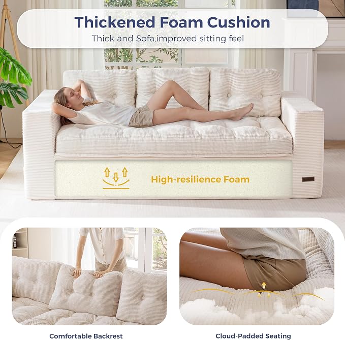 MAXYOYO 79" Loveseat Sofa Couch for Small Spaces, Upholstered Boneless Cloud Couch for Apartment Bedroom, 3-Seater Love Seat Floor Modern Sofa with Pillows, No Assembly Required, Beige