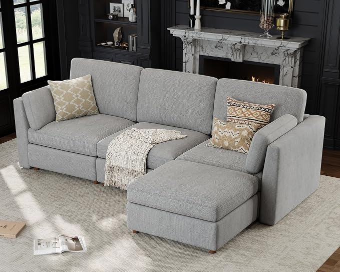 Oversized Modular Sectional Sofa L-Shaped Cloud Couches Gray | 116'' Deep Seat Couch for Living Room, 4-Seater Luxury Corner sofa with Ottoman, Solid Wood Frame, Removable Washable Cover