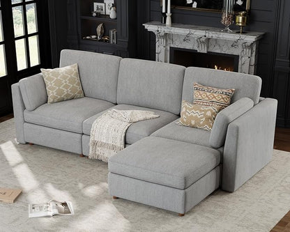 Oversized Modular Sectional Sofa L-Shaped Cloud Couches Gray | 116'' Deep Seat Couch for Living Room, 4-Seater Luxury Corner sofa with Ottoman, Solid Wood Frame, Removable Washable Cover