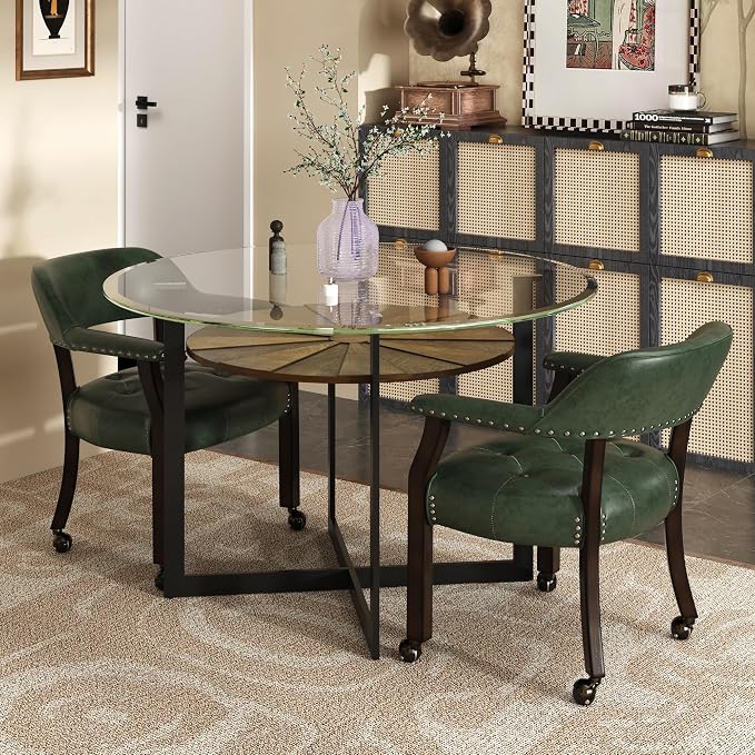 LEEMTORIG Set of 2 Large Dining Chairs with Casters and Arms, Rolling Dining Chairs with Wheels, Game Poker Chairs, Boss Caption's Chairs, 26" Dx25.2 Wx31.5 H, Espresso Legs & Green PU, XXY-1910-GN