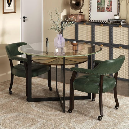 LEEMTORIG Set of 2 Large Dining Chairs with Casters and Arms, Rolling Dining Chairs with Wheels, Game Poker Chairs, Boss Caption's Chairs, 26" Dx25.2 Wx31.5 H, Espresso Legs & Green PU, XXY-1910-GN