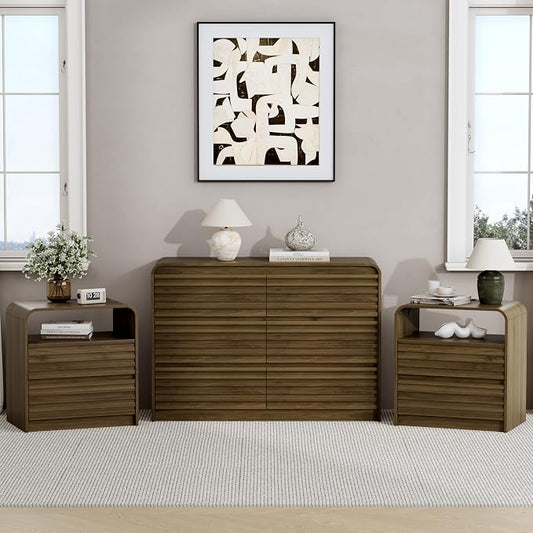 Dresser and Nightstand Sets for Bedroom, 3 Pcs Bedroom Set, Fluted 6 Drawer Dresser with Curved Profile and Night Stand Set of 2 with Charging Station, Wood Chest of Drawers, Walnut