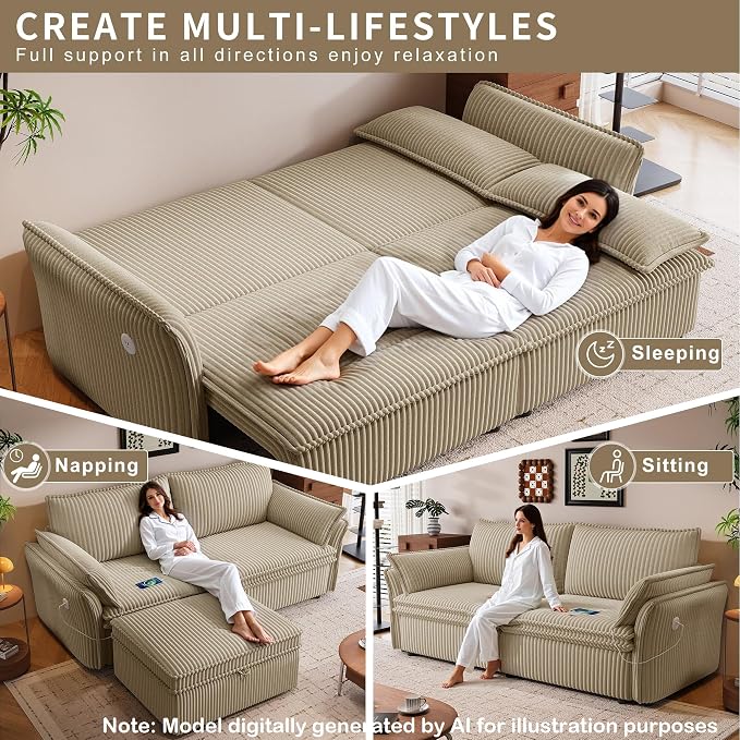 85" Pull Out Sofa Bed Full Size, Pre-Assembled Corduroy Sleeper Sofa, Convertible Loveseat Futon Couch with Storage Ottoman, USB, Pillows, for Apartment, Living Room, Small Spaces, Camel