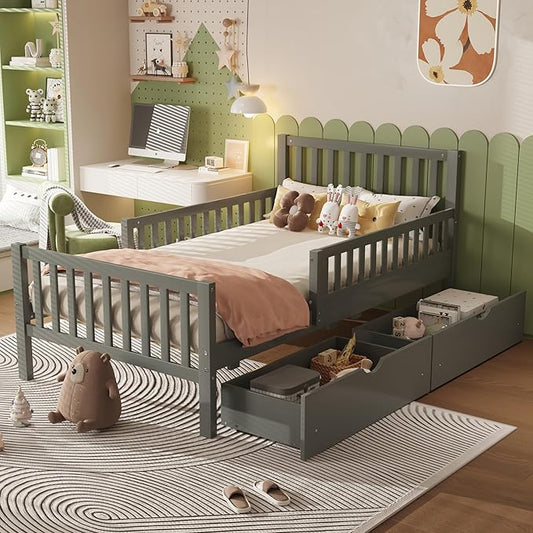 Bellemave Kids Twin Bed Frame with Fences and 2 Drawers, Twin Size Wooden Platform Bed with Guardrails on Both Sides for Boys Girls, Grey
