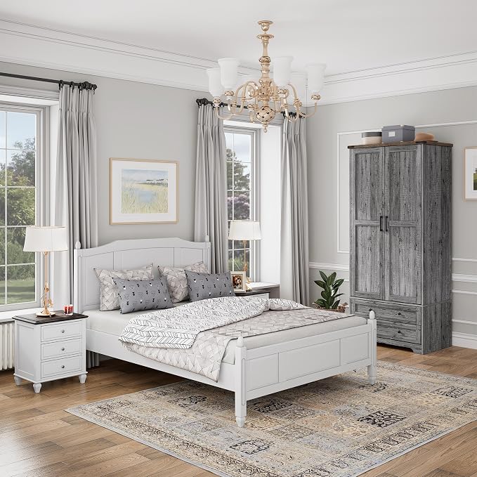 Brafab Armoire Wardrobe Closet with 2 Modern Doors Set of 2, 71" Tall Freestanding Closet Wardrobe Cabinet with Drawers and Hanging Rail, Light Wooden Storage Cabinet with Shelve for Bedroom, Grey