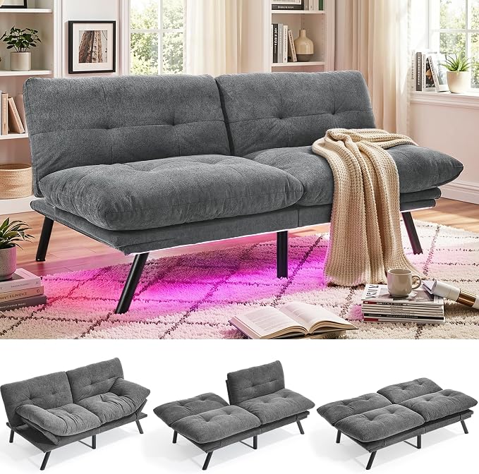 YITAHOME Convertible Futon Sofa Bed with Adjustable 3 Color Light Strip, 70" Folding Futon Set for Living Room Home Office Aprtment, Modern Futon Couch with Adjustable Backrest & Armrests, Grey