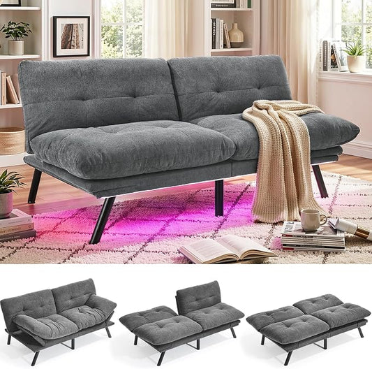 YITAHOME Convertible Futon Sofa Bed with Adjustable 3 Color Light Strip, 70" Folding Futon Set for Living Room Home Office Aprtment, Modern Futon Couch with Adjustable Backrest & Armrests, Grey
