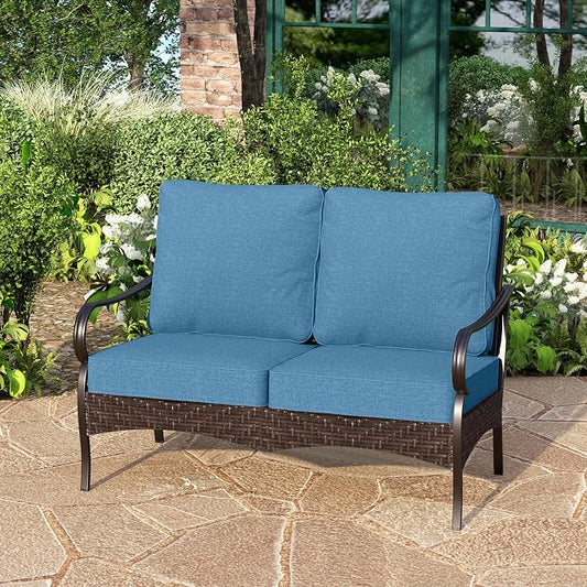 PHI VILLA Wicker & Metal Outdoor 2-Seat Patio Couch,Patio Sofa Loveseat with Deep Seating for Front Porch, Deck, Balcony, Backyard, Sunroom,Navy