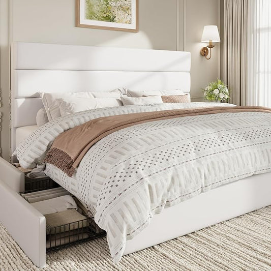 SHA CERLIN King Size Platform Bed Frame with 4 Storage Drawers, Velvet Upholstered Headboard, Mattress Foundation with Wooden Slats Support, No Box Spring Needed, Easy Assembly, White
