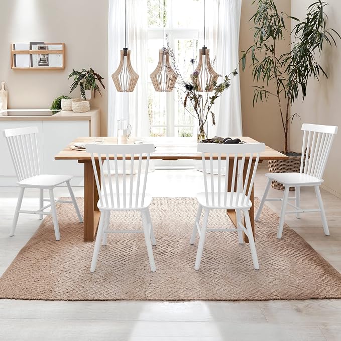 LUE BONA 4PC 18" White Windsor Dining Chairs Set, Spindle Back Wood Dining Chair, Sturdy Solid Hardwood Construction, Easy Assembly, Ideal for Kitchen and Dining Room