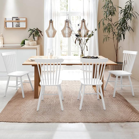 LUE BONA 4PC 18" White Windsor Dining Chairs Set, Spindle Back Wood Dining Chair, Sturdy Solid Hardwood Construction, Easy Assembly, Ideal for Kitchen and Dining Room