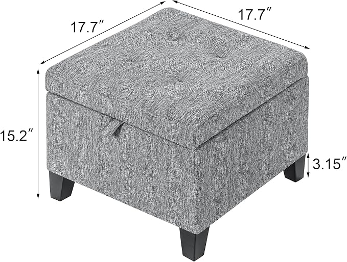 Adeco 18-Inch Cube Storage Ottoman, Upholstered Linen Footrest Stool with Hinged Lid for Living Room & Bedroom, Small Vanity Seat with Solid Wood Legs, Supports 350 lbs, Beige Grey