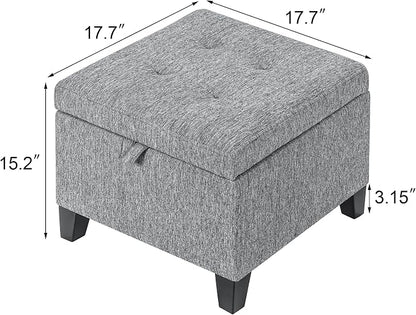 Adeco 18-Inch Cube Storage Ottoman, Upholstered Linen Footrest Stool with Hinged Lid for Living Room & Bedroom, Small Vanity Seat with Solid Wood Legs, Supports 350 lbs, Beige Grey