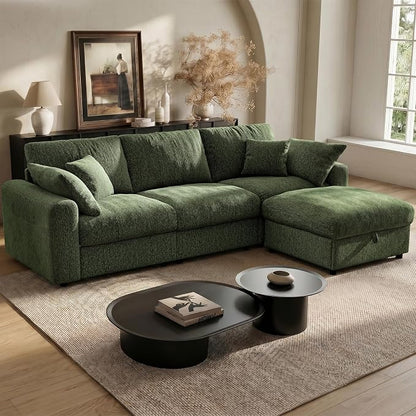 Ihanherry Cloud Sectional Couches for Living Room, 110" Large Modular Sectional Sofa with Wide Deep Seat, L Shaped Couch with Throw Pillow and Storage Ottoman, Green