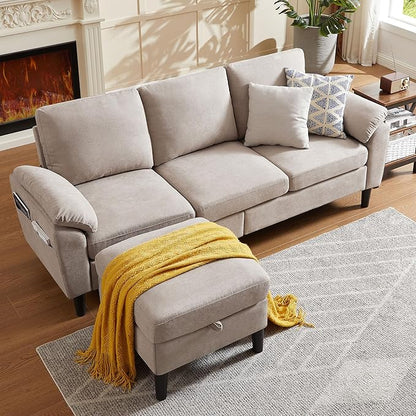 80" Convertible Sectional Sofa, Modern Linen Small L Shaped Couch with Reversible Chaise and Storage Ottoman, 3-Seat Sofa Couches for Living Room, Office, Apartment, Beige