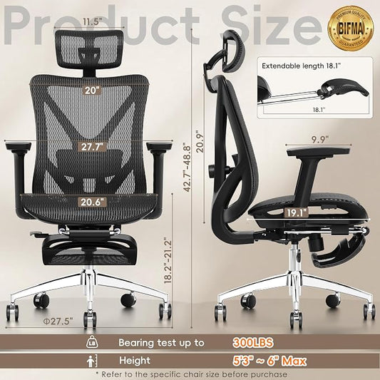 GABRYLLY Ergonomic Office Chair with Footrest, 135° Reclining Desk Chair with Adjustable Lumbar Support,3D Armrest,Headrest & Large Steel Base, 300LBS Heavy Duty Mesh Chair