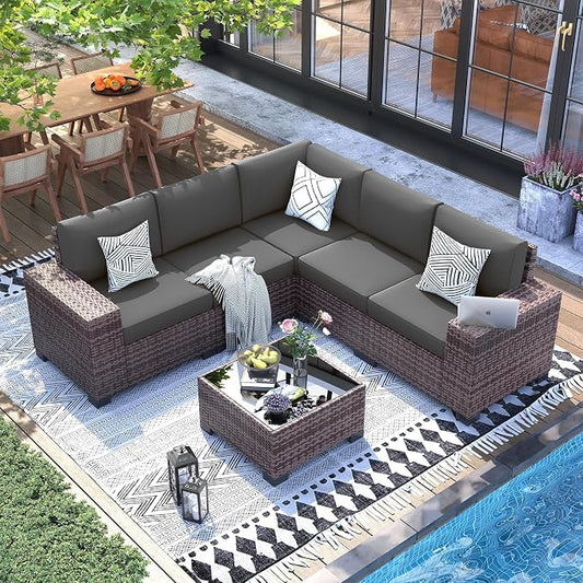 UDPATIO Patio Furniture Set, 8 Inch Armrest Outdoor Sectional Sofa with Wicker Coffee Table, 6 Piece Conversation for Garden, Backyard, Dark Grey