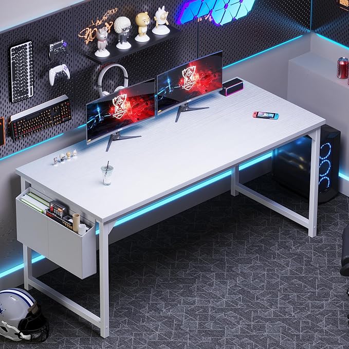 OLIXIS Computer Desk, 63 Inch Home Office Desks for Small Spaces, Writing Craft Study Gaming Table for Bedroom, Modern Computer Workstation with Storage Bag, All White